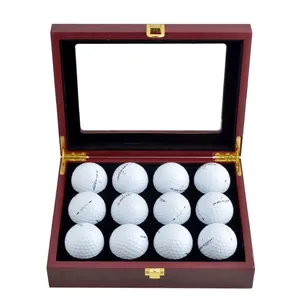 Solid wood golf ball display case with 12 slots, glass window and golden lock latch
