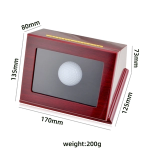 Detailed dimensions of a dark red solid wood golf ball display case with clear window