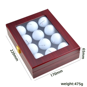 Solid wood golf ball display case with transparent top window and metal latch lock