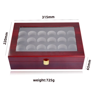 Detailed view of wooden golf ball display box with 18 slots and size specifications