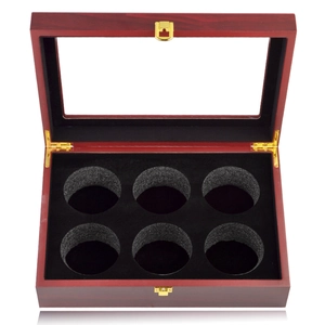 Detail of 6-slot wooden baseball display case with matte finish and gold metal latch