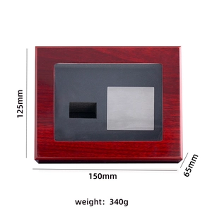 Top view of wooden ring box with clear window and dimensions showing 150x125x65mm