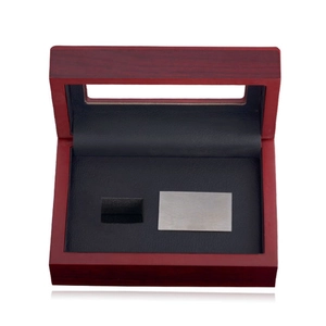 Red mahogany wood display box with transparent window and black textured leather lining