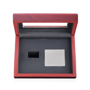 Red mahogany wood display box with black leather interior and transparent window
