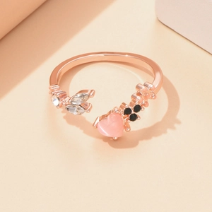 Bague cœur en œil de chat rose dorée avec perles et zircons au style élégant