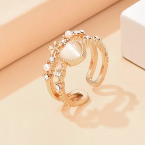 Bague Ouverte en Cuivre Luxe Cœur Œil de Chat Rose Avec Künstliche Perle Zircone Doux Cool Réglable Bijoux de Mode Femme