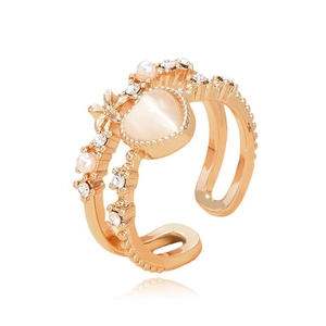 Bague double couche avec opale de cœur rose, perle et fleur en zircon en or rose