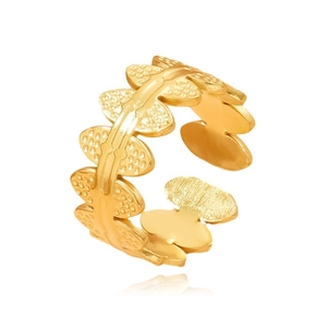 Anillo abierto de acero inoxidable chapado en oro con patrón de hojas y acabado pulido