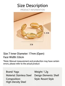 Tableau des tailles détaillé pour la bague coquillage en acier inoxydable doré avec mesures