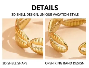 Détail de la bague coquillage réglable avec finition dorée texturée et design marin