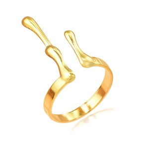 Adjustable golden stainless steel antler ring with polished minimalist finish on white background