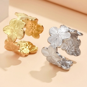 Vintage Roestvrij Stalen Bloem Open Ring Voor Vrouwen Retro Botanisch Blad Vlinder Ontwerp Goud Zilver Verguld Verstelbare Sieraden