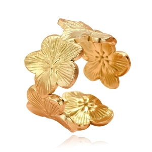 Vintage goudvergulde roestvrijstalen brede open ring met bloemenpatroon