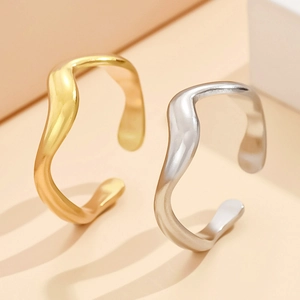 Minimalist Stainless Steel Wavy Open Rings Adjustable Geometric Line Jewelry For Women Men INS Style