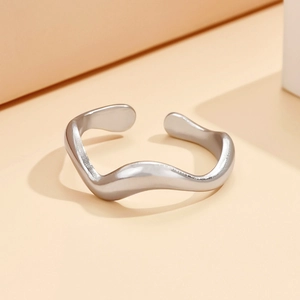 Polished silver irregular wave open ring with adjustable minimalist stainless steel band