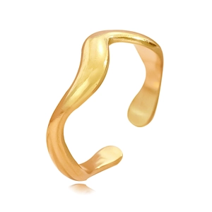 Minimalist gold wavy open ring with liquid metal texture on white reflective background