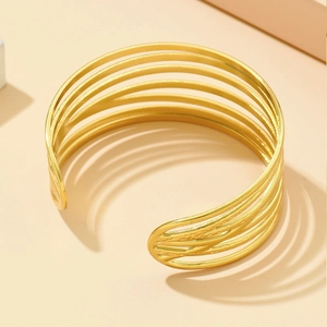 Polished gold multi-layer minimalist stainless steel open bangle for women with wide design