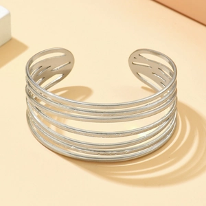 Minimalist wide multi-layer stainless steel cuff bracelet with leaf accent in matte silver