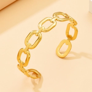 Minimalist gold hollow square chain link cuff bracelet with an open C-shape design