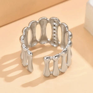 French vintage geometric silver open ring with hollowed texture and adjustable band