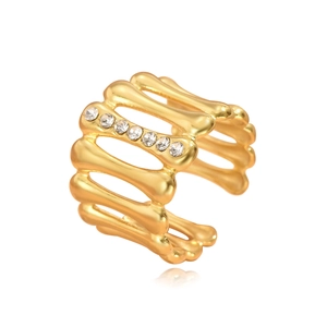 Elegant gold open ring with geometric ribbed design and clear crystal inlay details