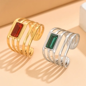 Geometric Hollow Stainless Steel Open Ring For Women Adjustable Rectangular Crystal Zirconia Fashion Finger Ring Jewelry
