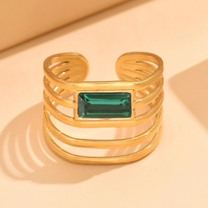 Adjustable geometric gold hollow ring with emerald green crystal rectangle stone