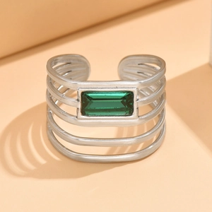 Adjustable multi-layer silver stainless steel ring with an emerald cut green crystal