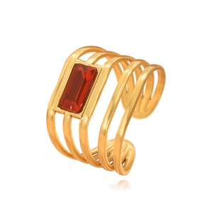 Adjustable gold stainless steel ring with five geometric lines and red crystal stone