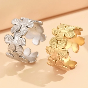 Frischer Urlaubsstil Breiter Floral Edelstahl Offener Ring Für Damen Gold Roségold Versilbert Verstellbarer Fingerring