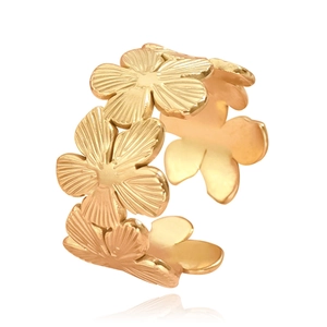 Verstellbarer Ring aus goldfarbenem Edelstahl mit Blumenmuster und strahlender Textur