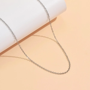 Collana minimalista in acciaio inossidabile argento su un elegante supporto per gioielli