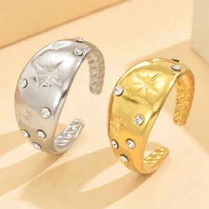 Stainless Steel Open Ring French Vintage Star Engraved Zirconia Adjustable Finger Ring For Women Elegant Luxury Jewelry