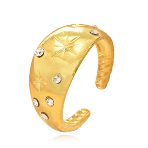 French vintage style adjustable stainless steel ring with star texture and small diamonds
