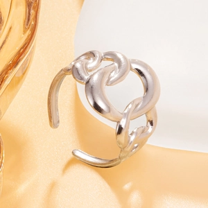 Silver interlocking chain ring with adjustable open band for women in geometric style