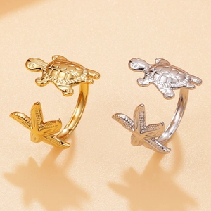 Stainless Steel Open Ring Marine Sea Turtle Starfish Adjustable Gold Silver Plated Vacation Fashion Jewelry For Women