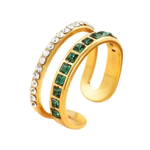 Bague double rang en acier inoxydable avec pierres rondes blanches et gemmes vertes