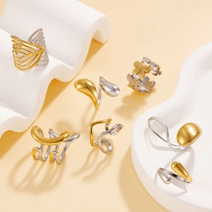 Roestvrij Staal Tweekleurig Open Ring Voor Dames Geometrische Onregelmatige Vloeiende Lijn Bloem Blad Verstelbaar Mode Vingerring Sieraden