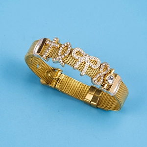 Gold mesh belt bracelet for women featuring crystal HOPE charms and bow accents