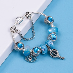 Classico bracciale snake placcato argento con perline blu e ciondoli Evil Eye