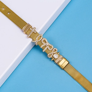 Golden mesh band bracelet with butterfly charms and sparkling rhinestones for women