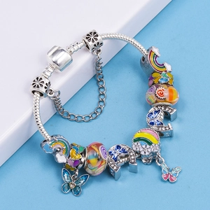 Silver snake chain bracelet with colorful enamel butterfly, rainbow charms and glass beads