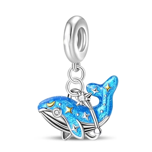 Silberner Wal-Anhänger mit blauem Emaille-Sternenhimmel und Mond für DIY-Armbänder