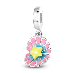 Emaillierter Muschel-Anhänger mit gelbem Seestern und blau-rosa Farbverlauf-Design