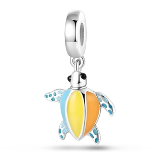 Silver sea turtle charm with colorful enamel in blue, yellow, and orange for bracelets