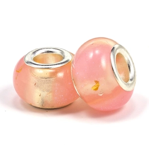 Pink translucent resin charm bead with gold foil flakes and silver metal core