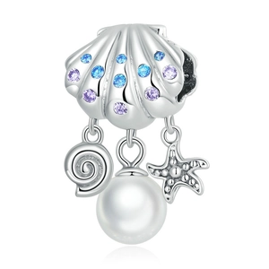 Abalorio océano plata S925 con cristales azules, concha, estrella de mar y perla