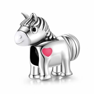 Detailed silver horse bead charm with white enamel and pink heart for DIY jewelry