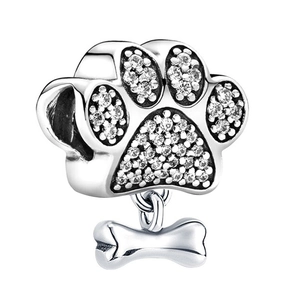 Silver paw print charm with sparkling crystals and hanging bone pendant for DIY bracelets