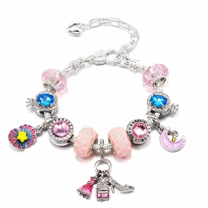 Bracciale DIY regolabile in argento con perle rosa e ciondoli profumo colorati